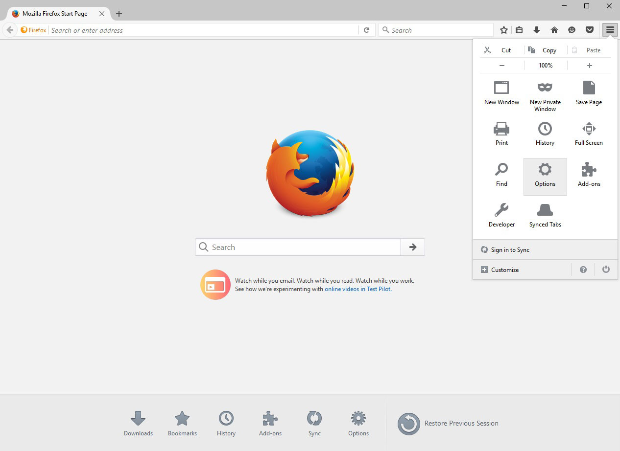 Firefox options menu