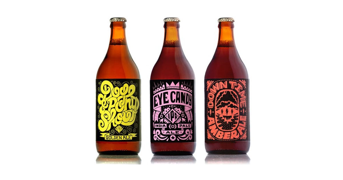 Beer growlers with neon labels and a black negative-space design