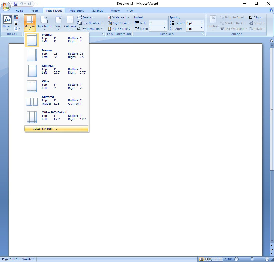 Adjusting Margins in Microsoft Word, Custom Margins Menu