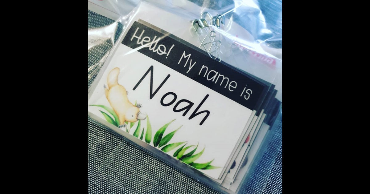 Name tag example, pulled from @mrs_mccarthys_classroom: name badge insert with "hello my name is" text, an animal illustration, and the name in a handwritten font