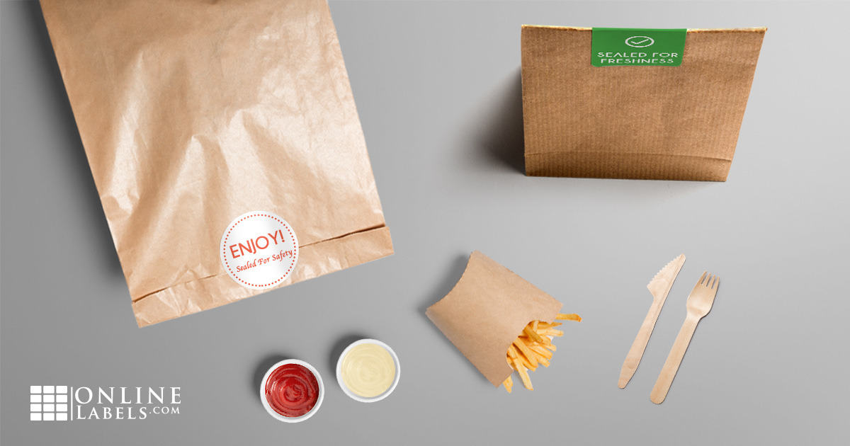 Brown paper takeout bag folded-over with safety seal in place of a stapled receipt