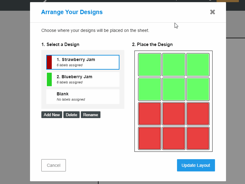 Selecting labels while editing the layout of a multi design sheet