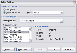 Label Options pop-up, Word 2003