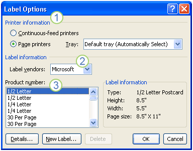 Label Options pop-up, Word 2007
